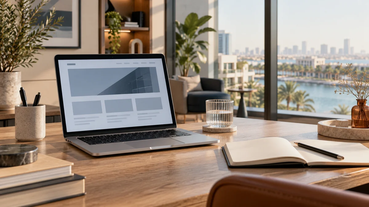 Illustrative laptop and notebook on a sunlit office desk